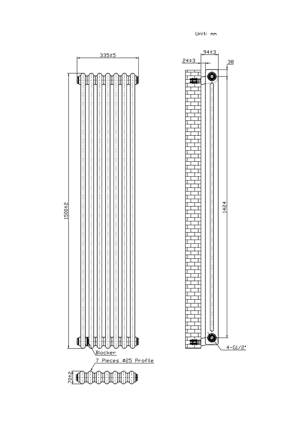 Scudo 2 Column Vertical White Designer Radiator - technical drawing with dimensions