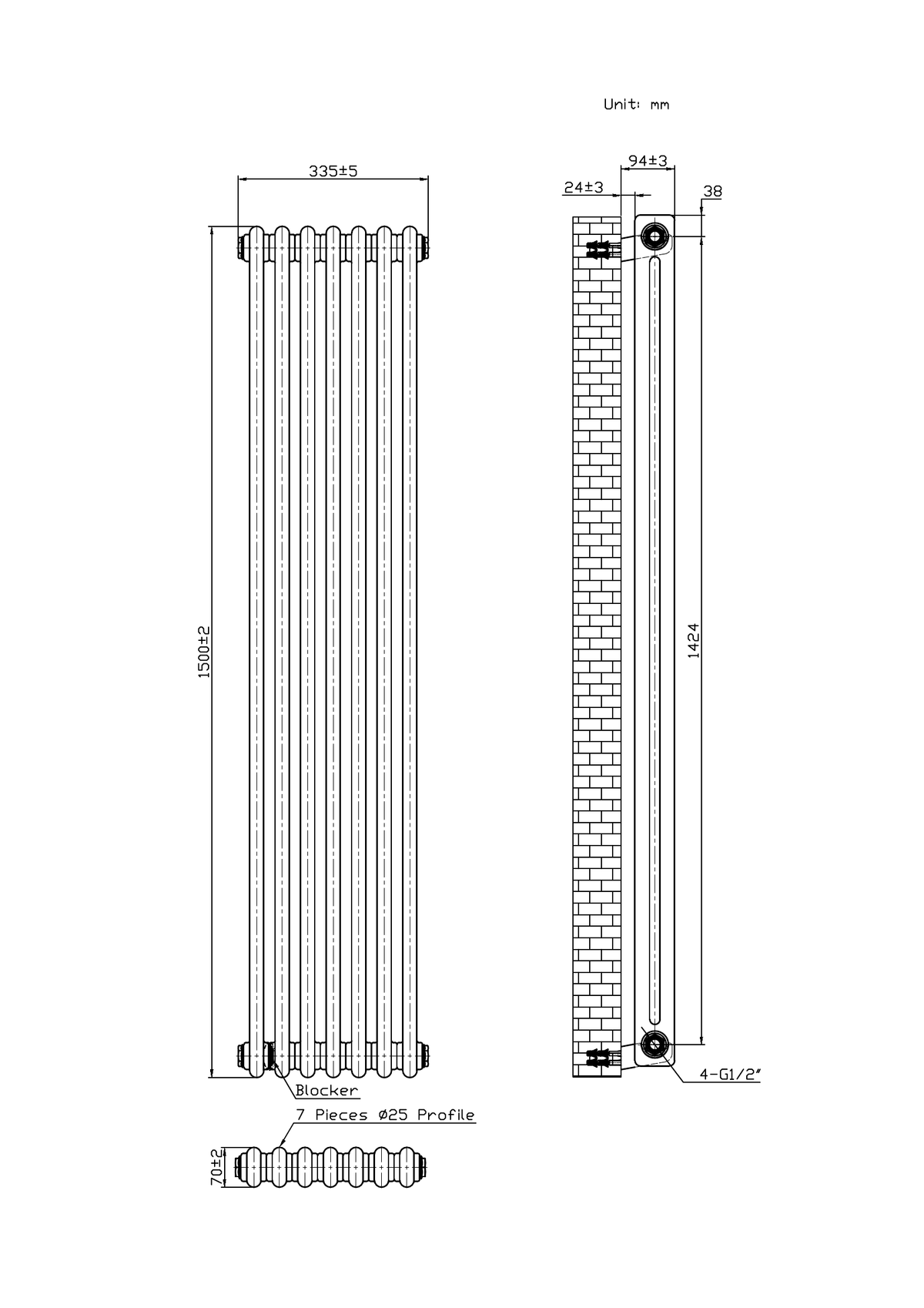 Scudo 2 Column Vertical White Designer Radiator - technical drawing with dimensions