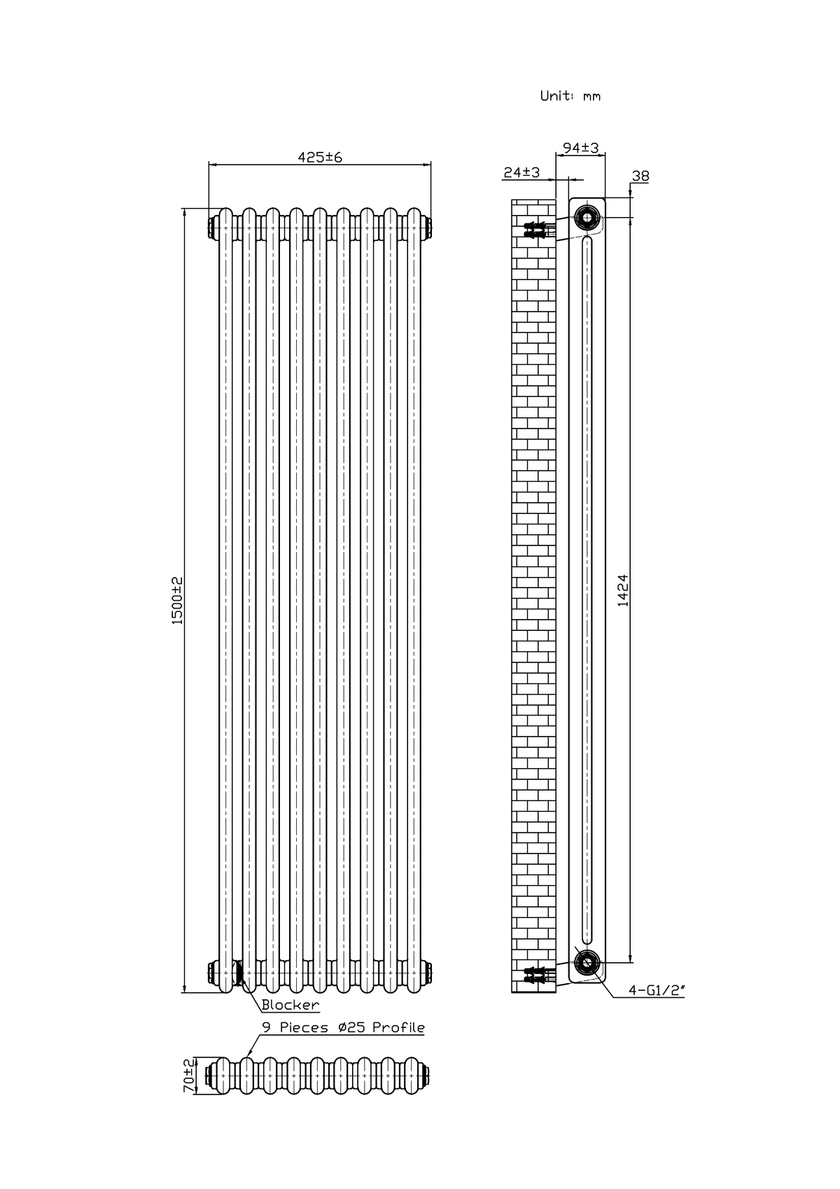 Scudo 2 Column Vertical White Designer Radiator - technical drawing with dimensions