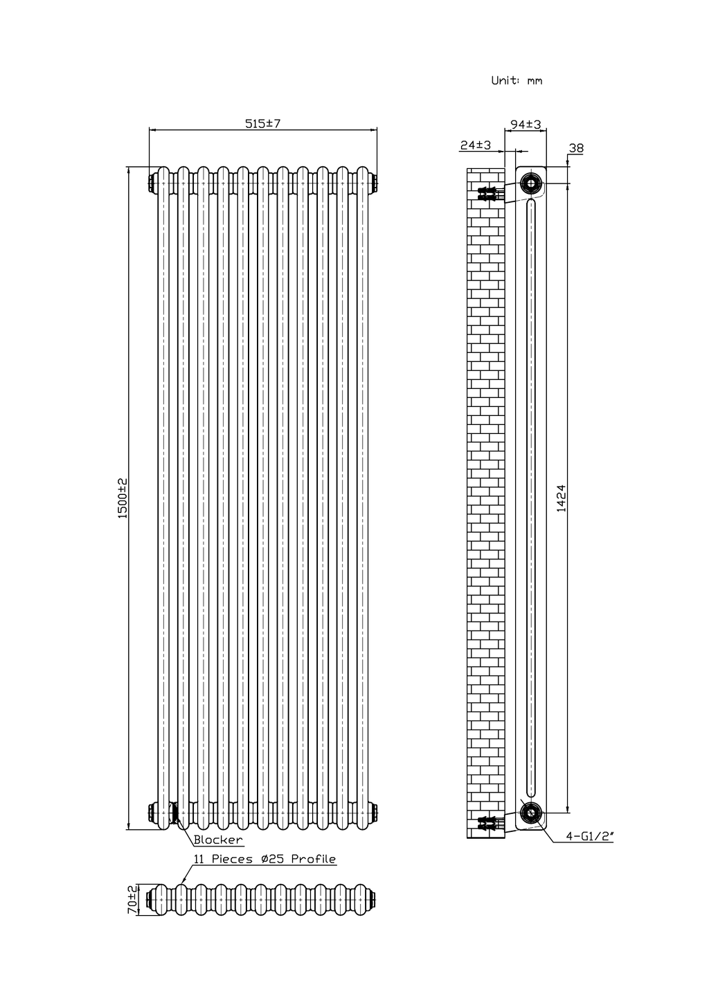 Scudo 2 Column Vertical White Designer Radiator - technical drawing with dimensions