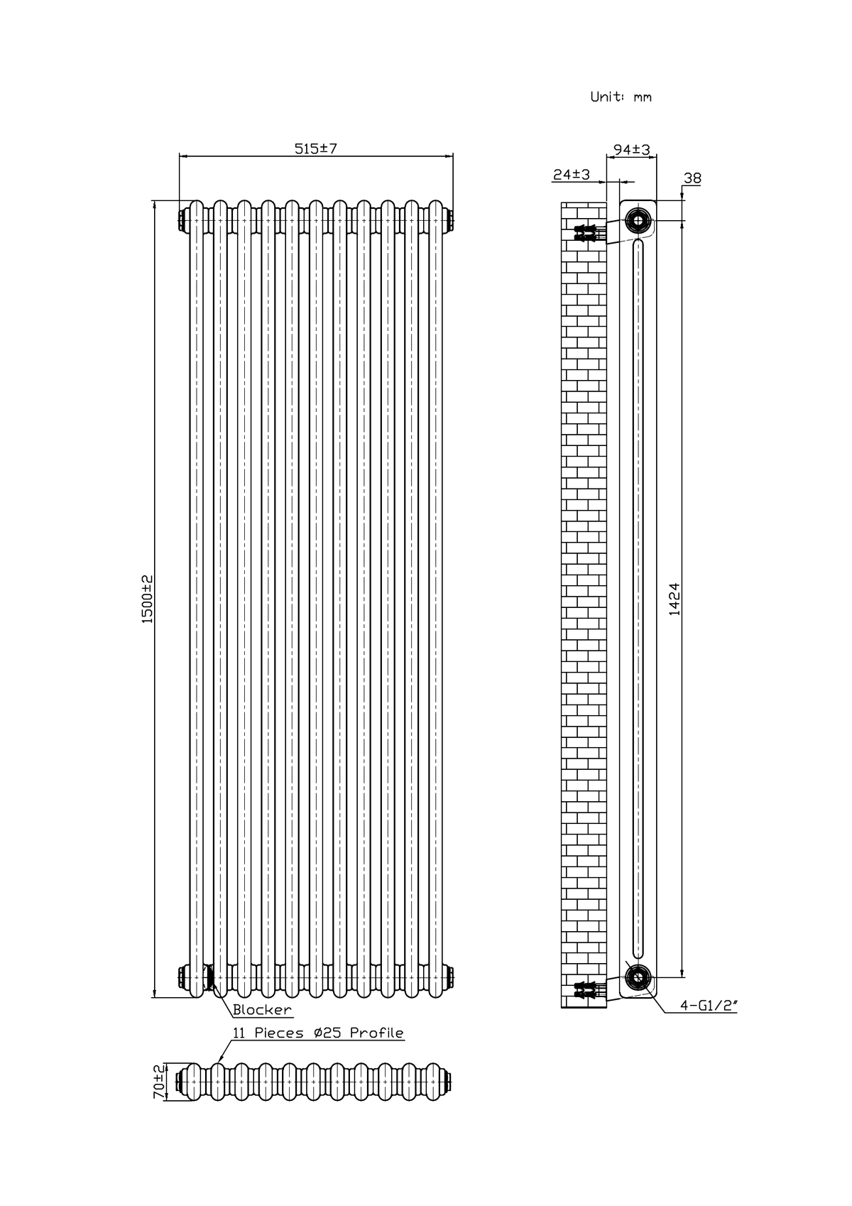 Scudo 2 Column Vertical White Designer Radiator - technical drawing with dimensions