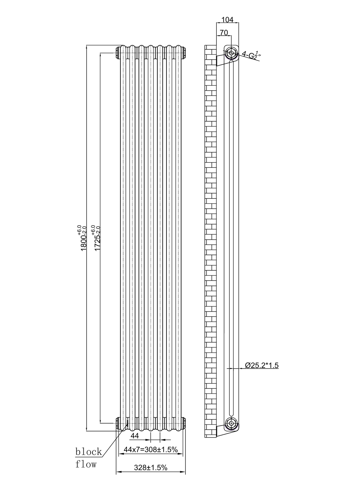 Scudo 2 Column Vertical Raw Metal Designer Radiator - technical drawing with dimensions