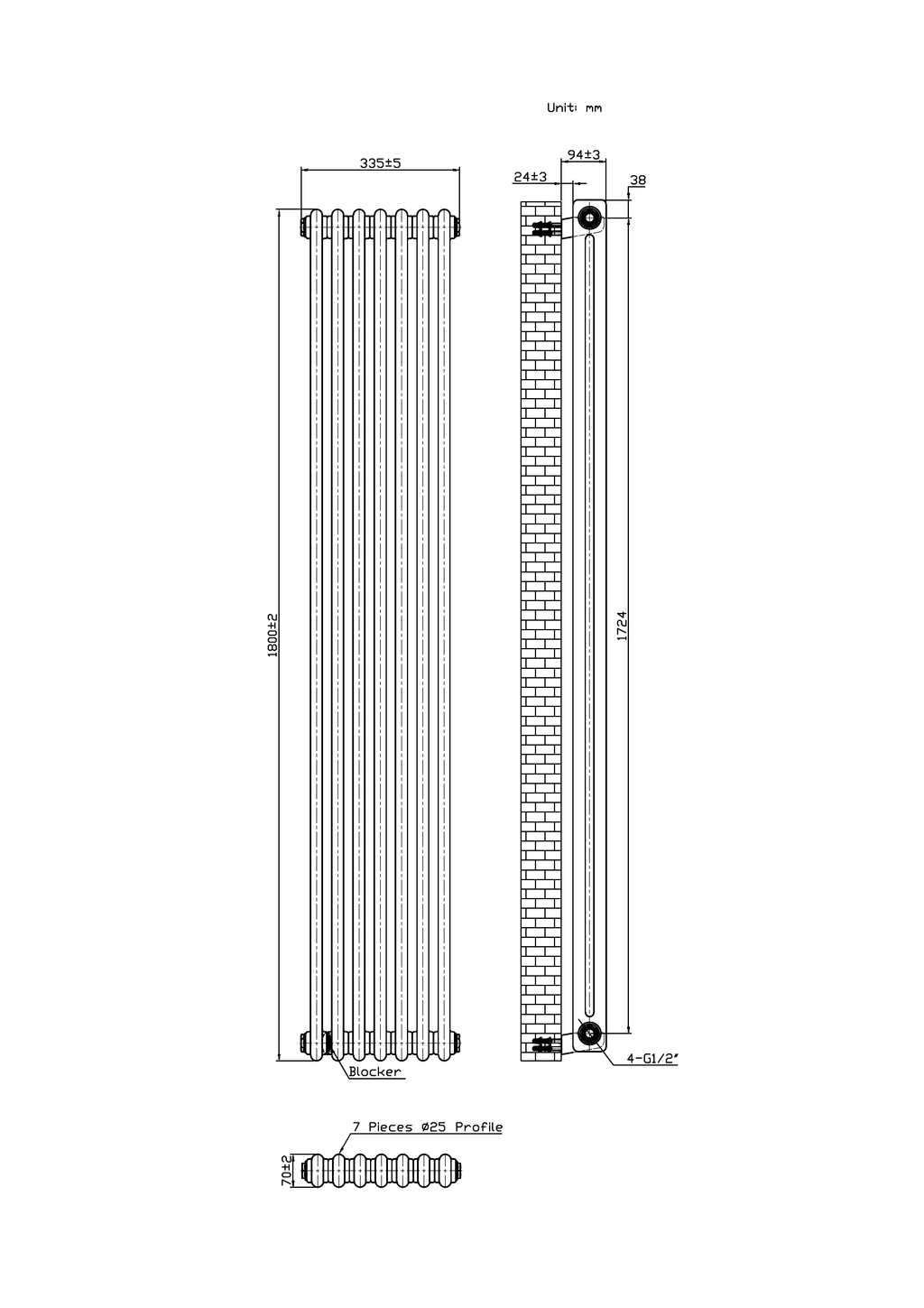 Scudo 2 Column Vertical Anthracite Designer Radiator - technical drawing with dimensions