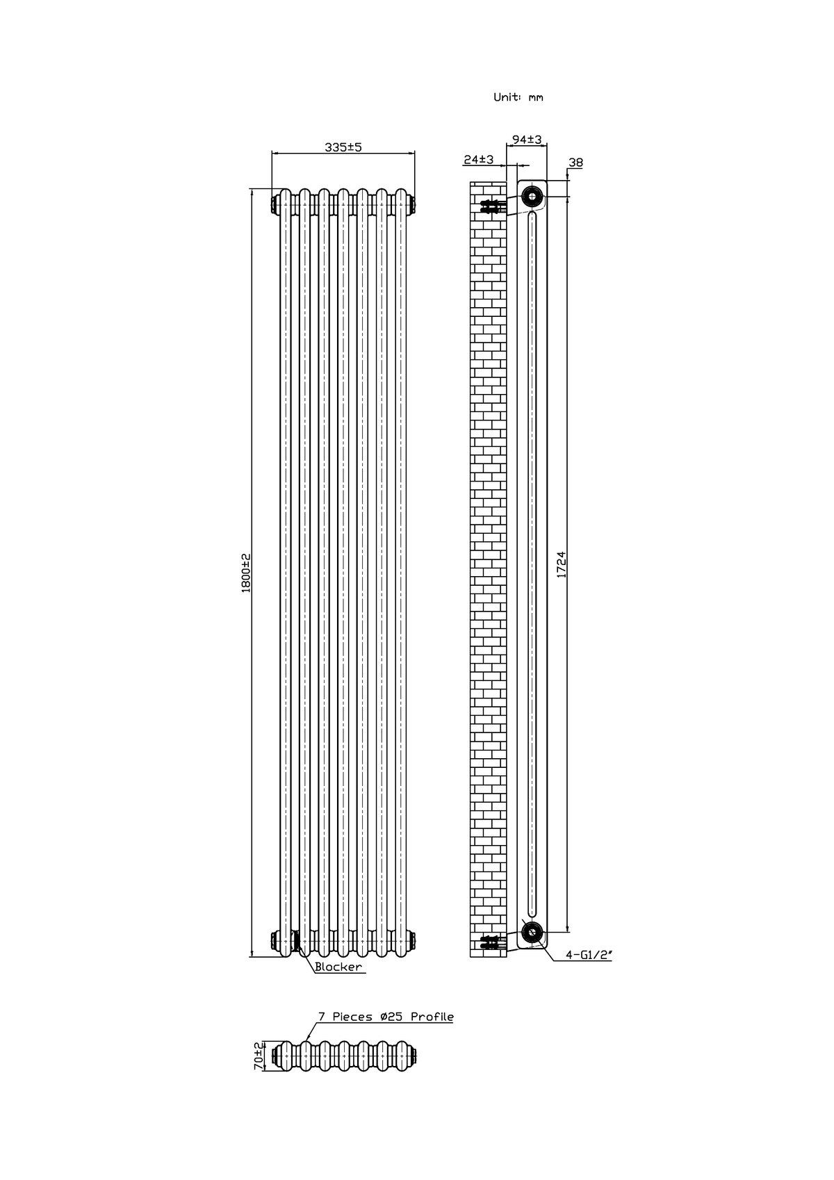 Scudo 2 Column Vertical White Designer Radiator - technical drawing with dimensions