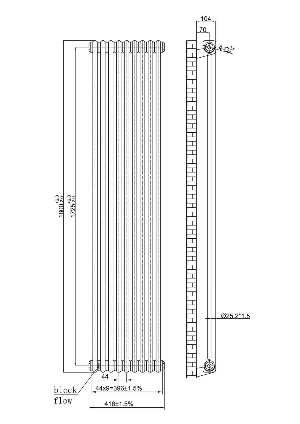 Scudo 2 Column Vertical Raw Metal Designer Radiator - technical drawing with dimensions