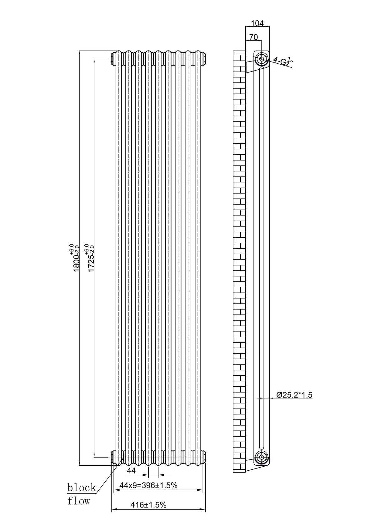 Scudo 2 Column Vertical Raw Metal Designer Radiator - technical drawing with dimensions