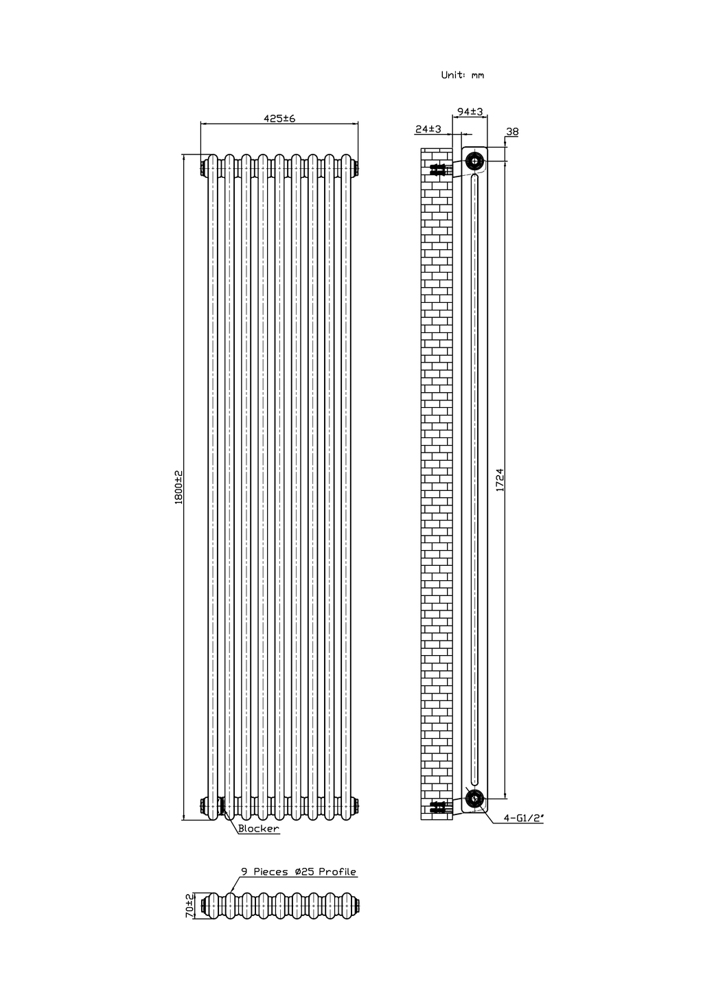 Scudo 2 Column Vertical Anthracite Designer Radiator - technical drawing with dimensions