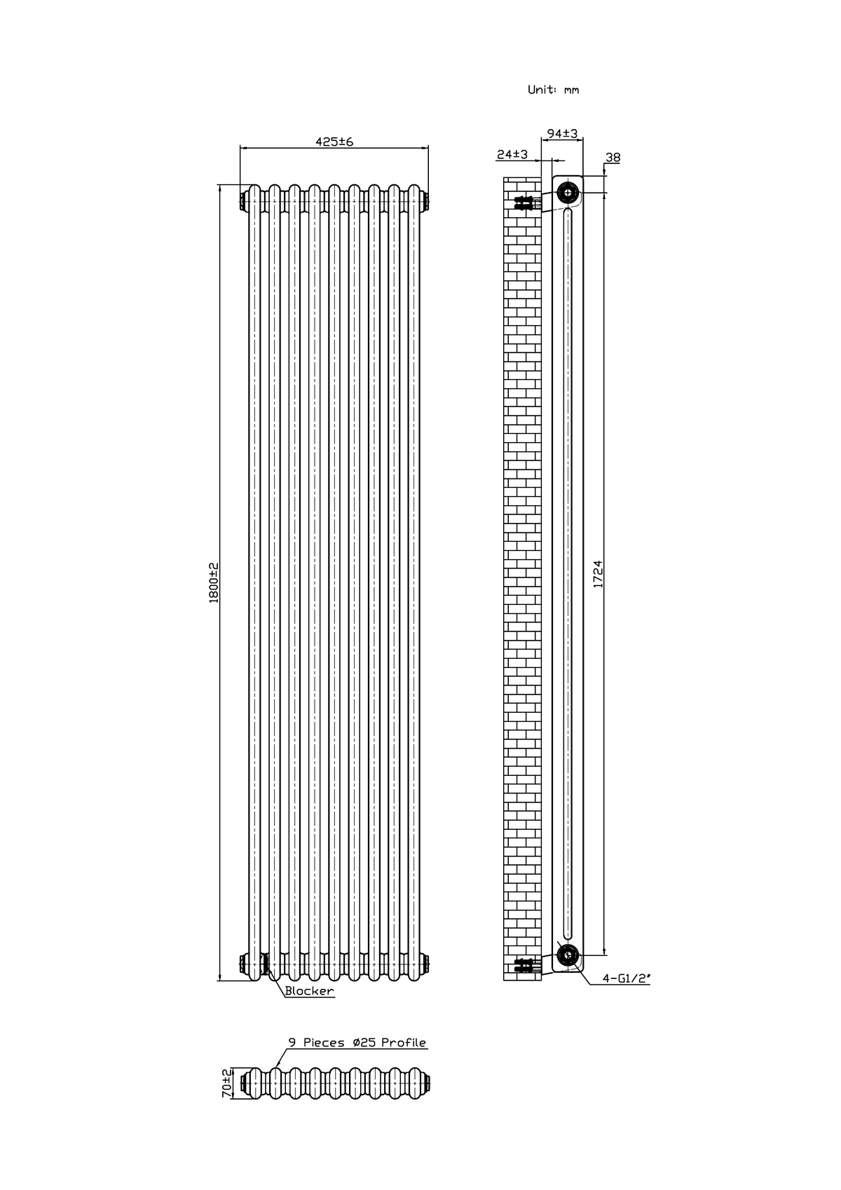 Scudo 2 Column Vertical Anthracite Designer Radiator - technical drawing with dimensions