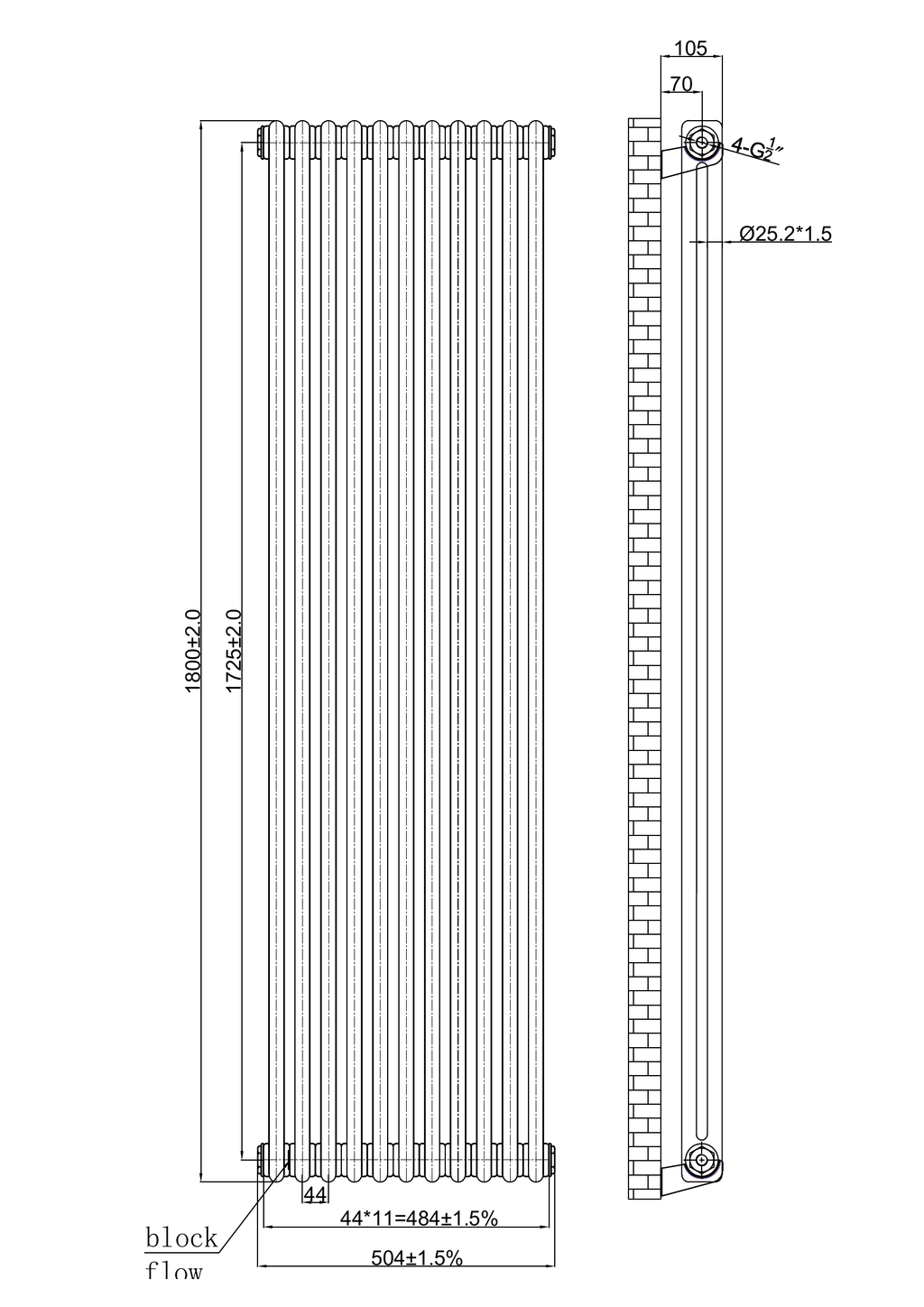 Scudo 2 Column Vertical Raw Metal Designer Radiator - technical drawing with dimensions