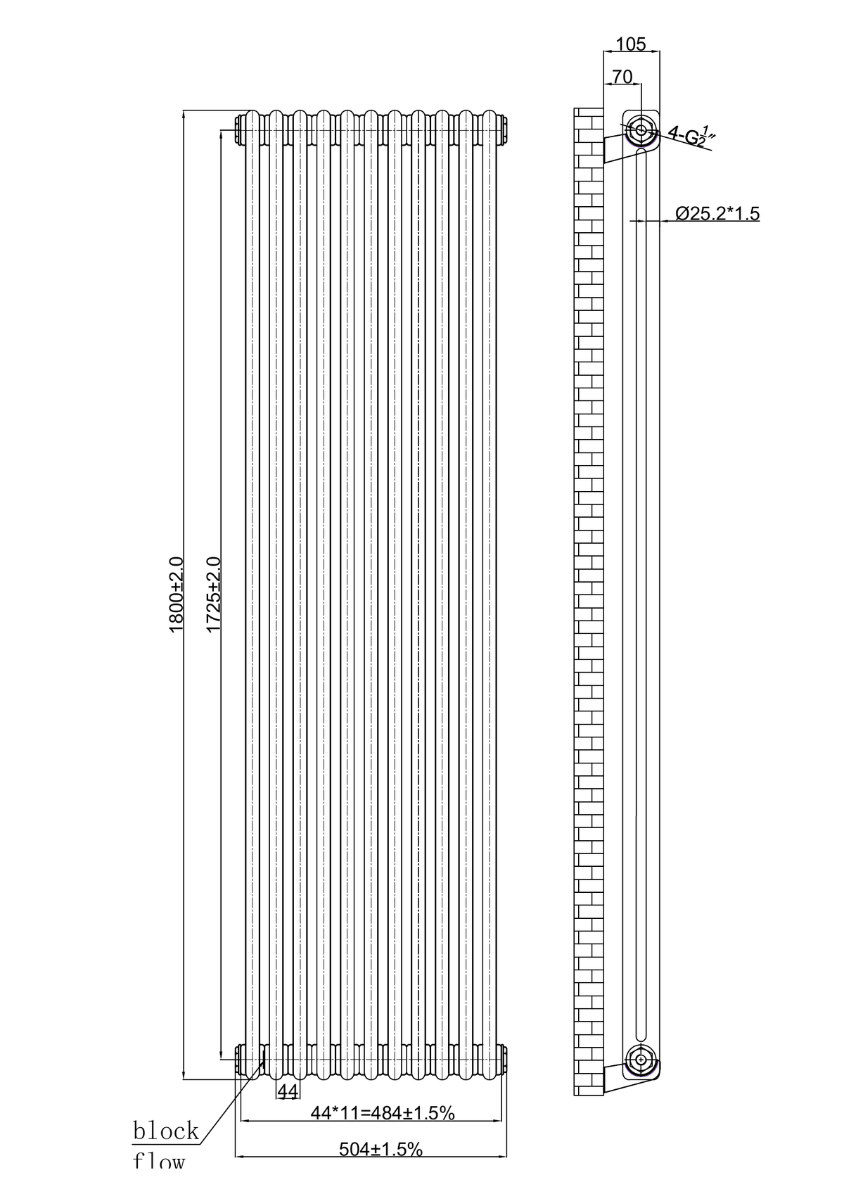 Scudo 2 Column Vertical Raw Metal Designer Radiator - technical drawing with dimensions