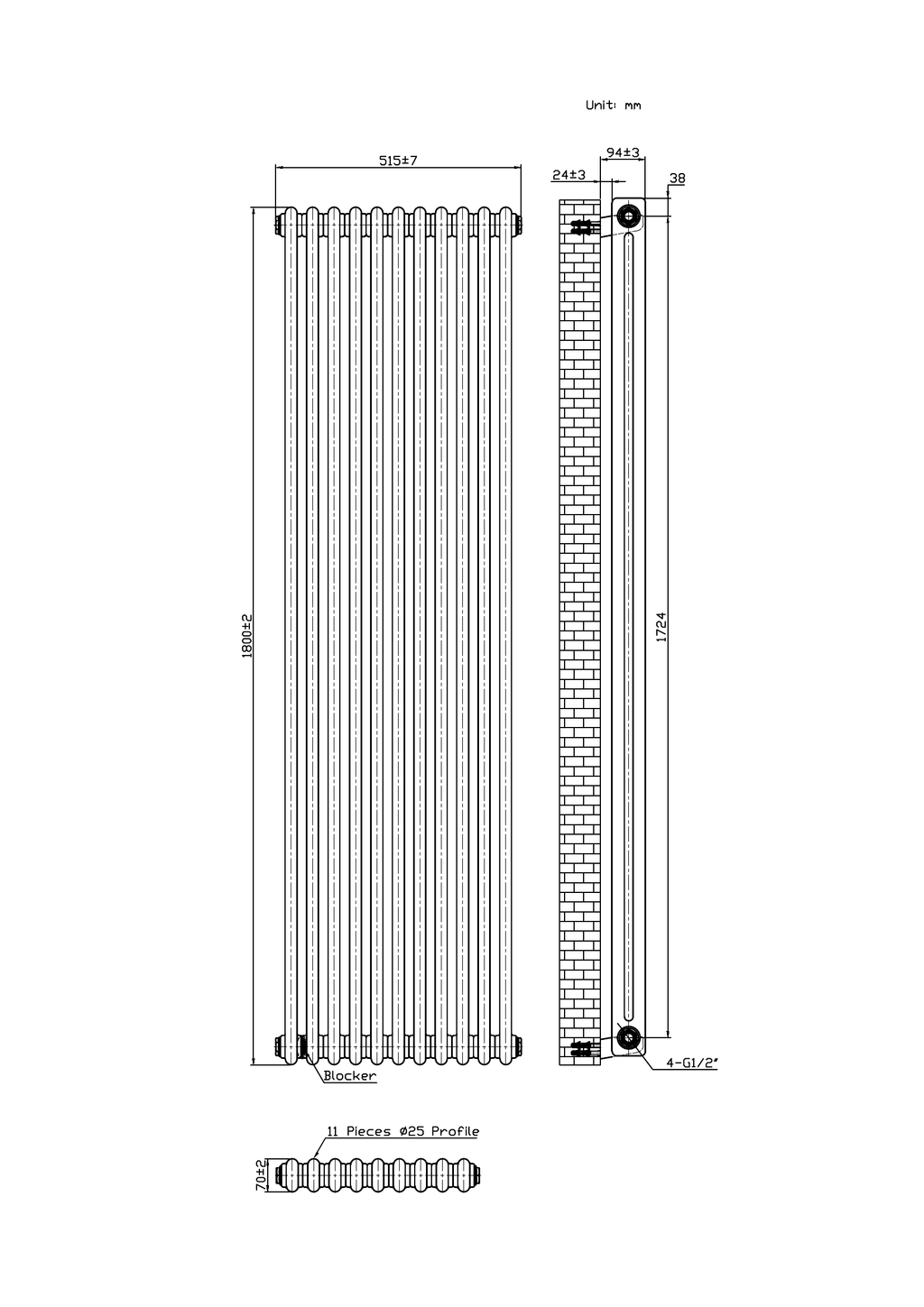 Scudo 2 Column Vertical Anthracite Designer Radiator - technical drawing with dimensions