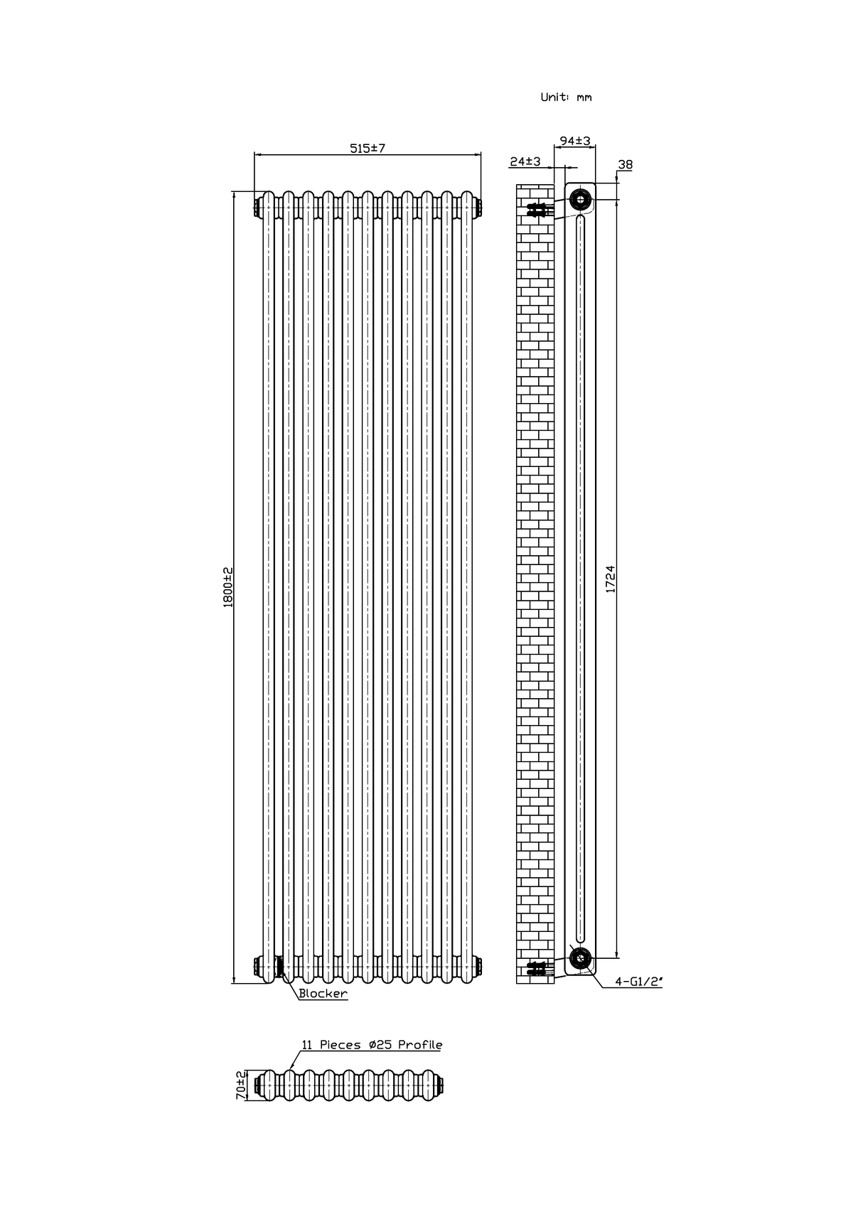 Scudo 2 Column Vertical Anthracite Designer Radiator - technical drawing with dimensions