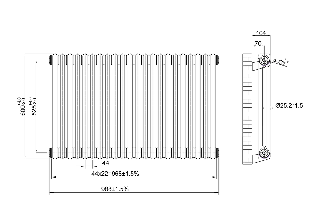 Scudo 2 Column Horizontal Raw Metal Designer Radiator - technical drawing with dimensions
