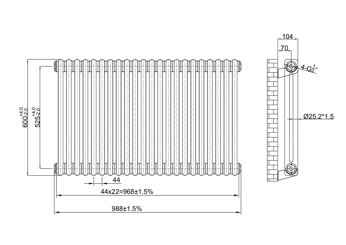 Scudo 2 Column Horizontal Raw Metal Designer Radiator - technical drawing with dimensions