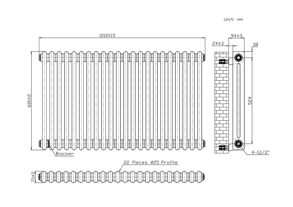 Scudo 2 Column Horizontal White Designer Radiator - technical drawing with dimensions