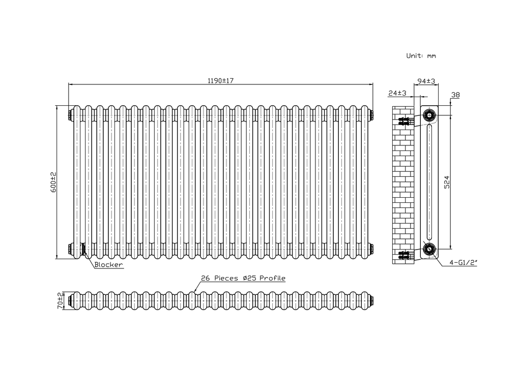 Scudo 2 Column Horizontal Anthracite Designer Radiator - technical drawing with dimensions
