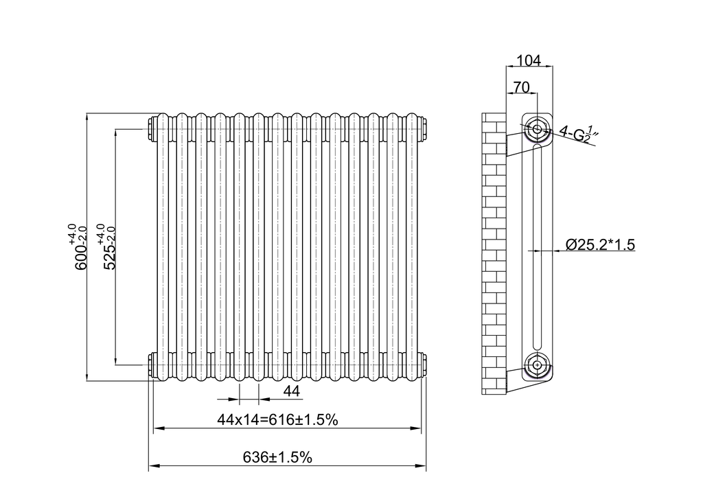 Scudo 2 Column Horizontal Raw Metal Designer Radiator - technical drawing with dimensions
