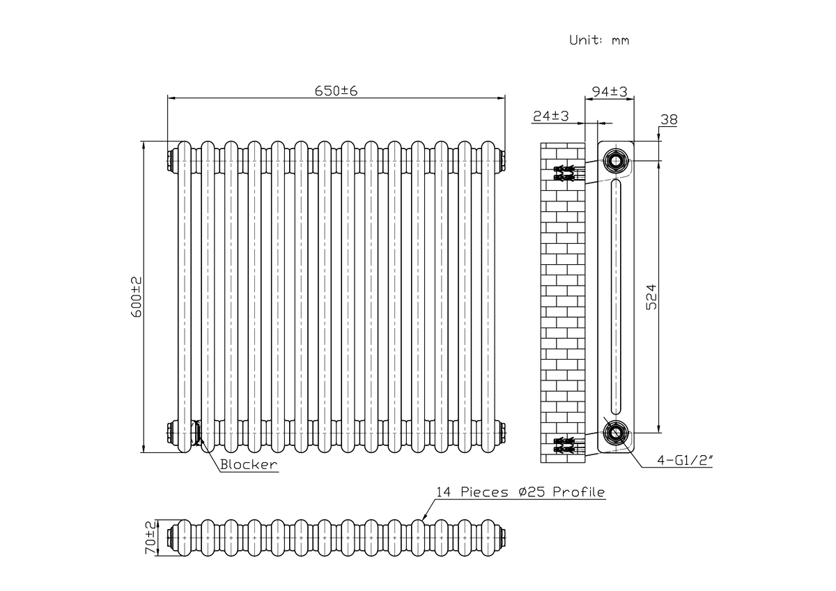 Scudo 2 Column Horizontal Anthracite Designer Radiator - technical drawing with dimensions