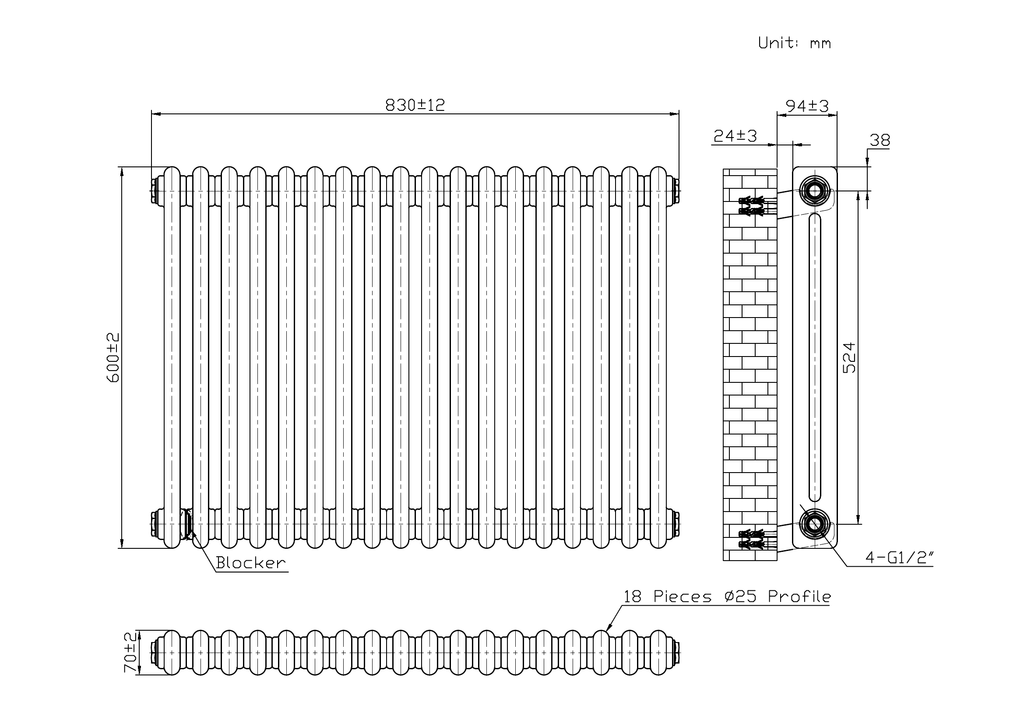 Scudo 2 Column Horizontal Anthracite Designer Radiator - technical drawing with dimensions