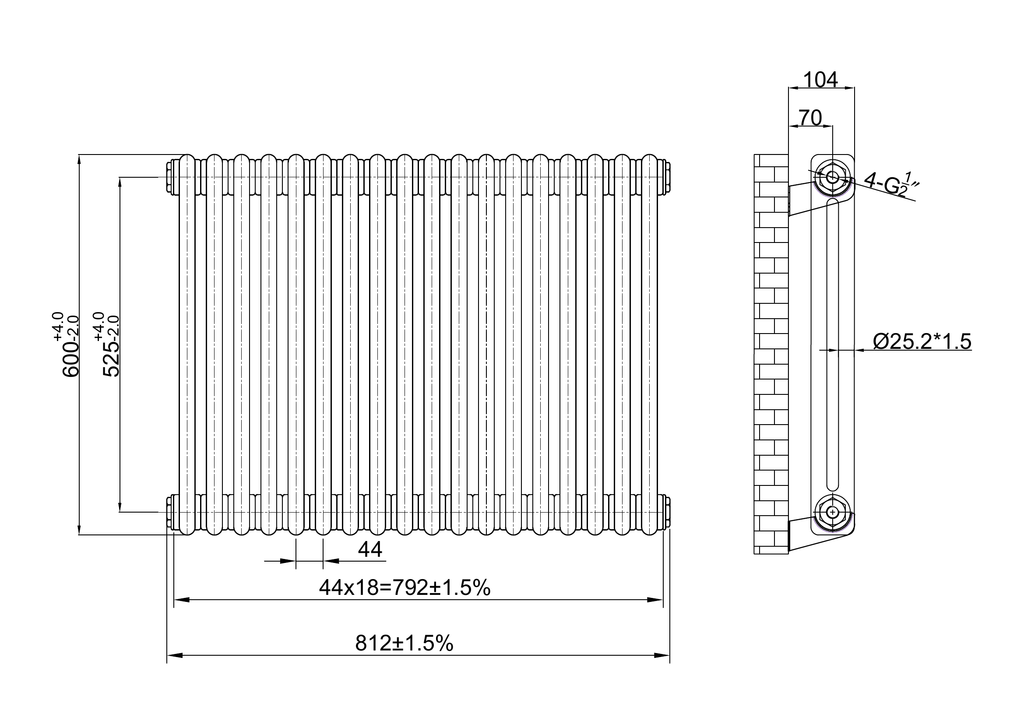 Scudo 2 Column Horizontal Raw Metal Designer Radiator - technical drawing with dimensions