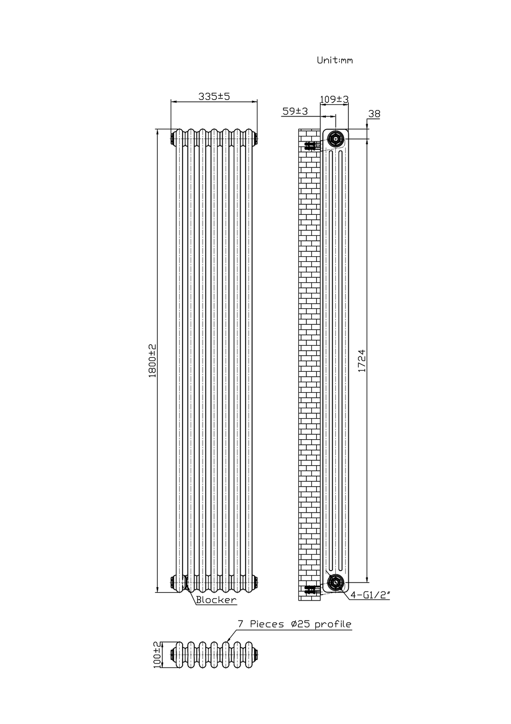 Scudo 3 Column Vertical White Designer Radiator - technical drawing with dimensions