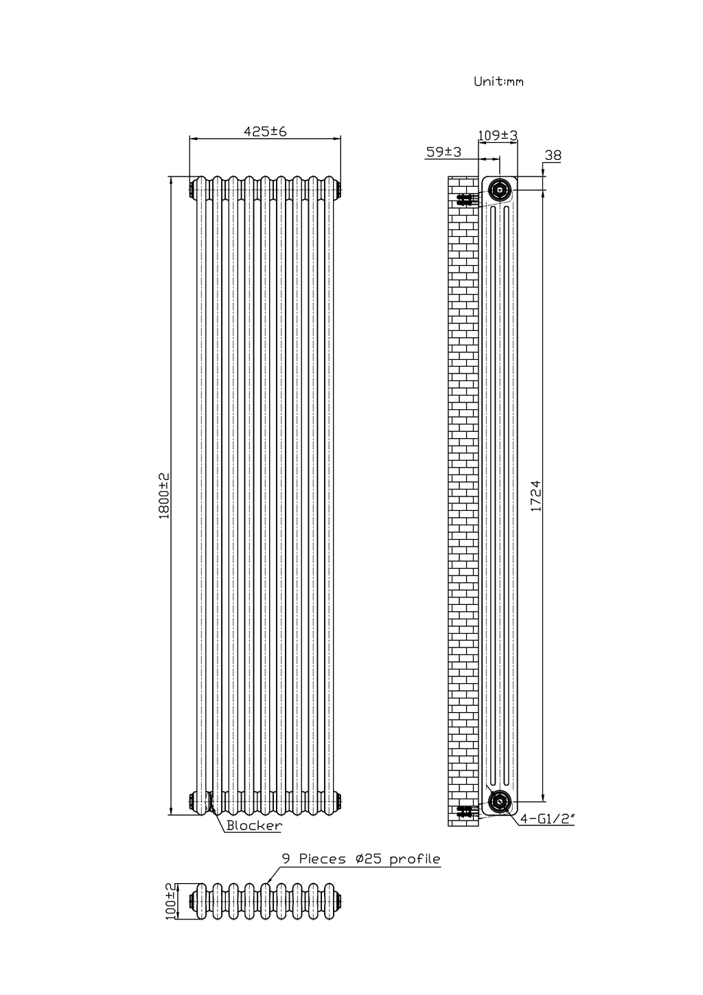 Scudo 3 Column Vertical White Designer Radiator - technical drawing with dimensions
