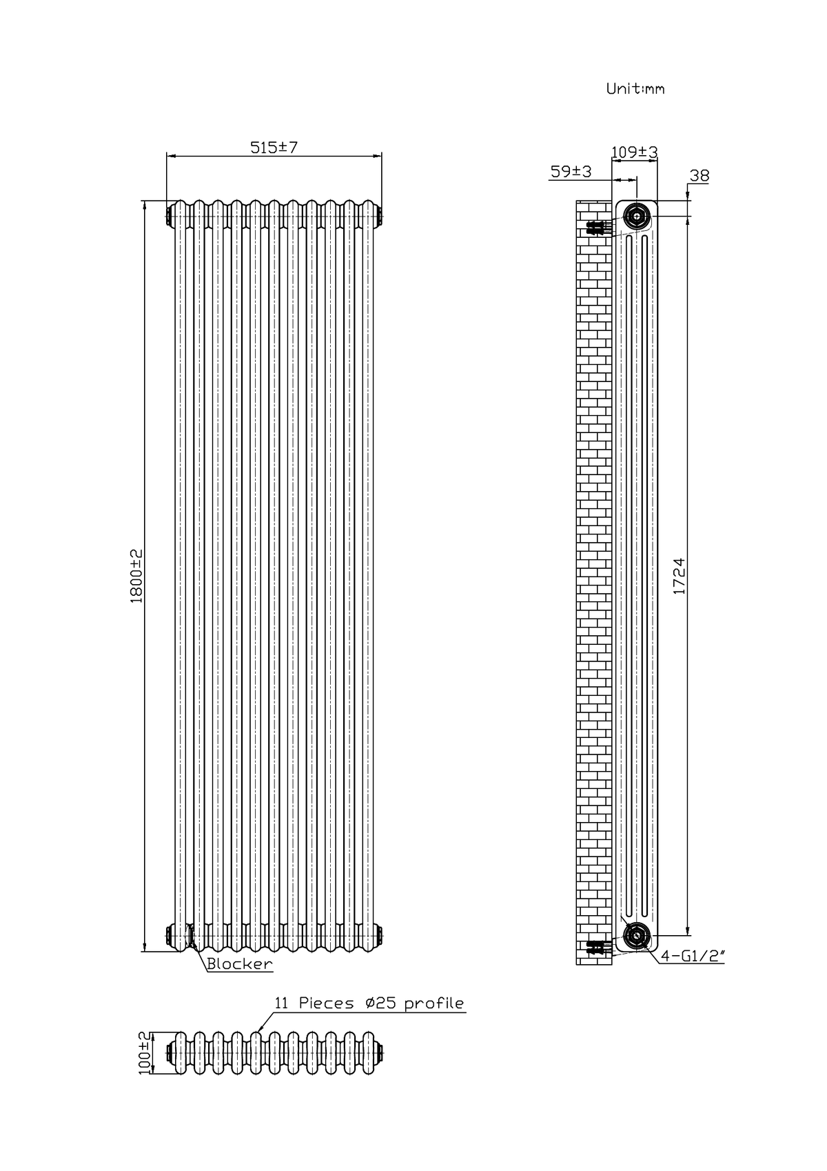 Scudo 3 Column Vertical White Designer Radiator - technical drawing with dimensions