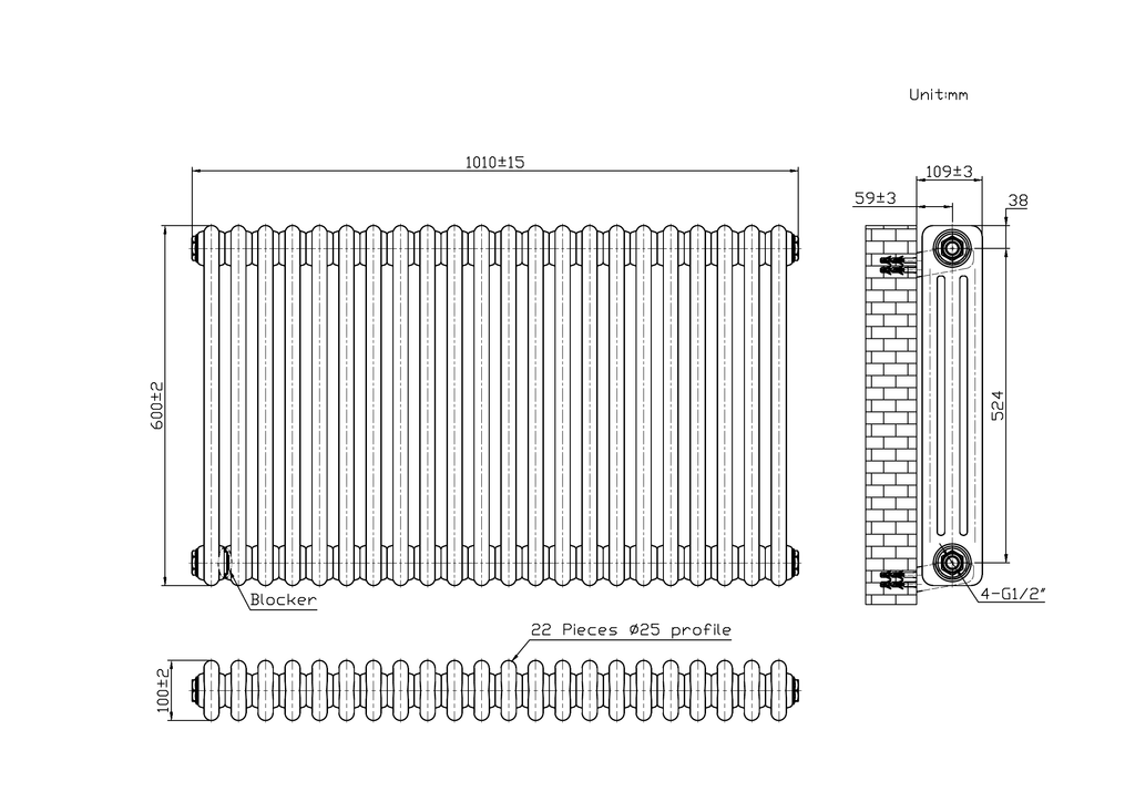Scudo 3 Column Horizontal Anthracite Designer Radiator - technical drawing with dimensions