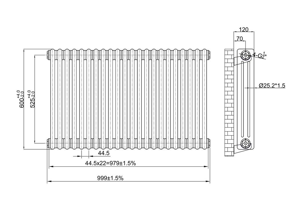 Scudo 3 Column Horizontal Raw Metal Designer Radiator - technical drawing with dimensions