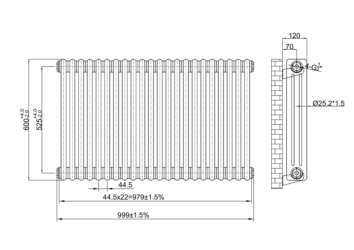 Scudo 3 Column Horizontal Raw Metal Designer Radiator - technical drawing with dimensions
