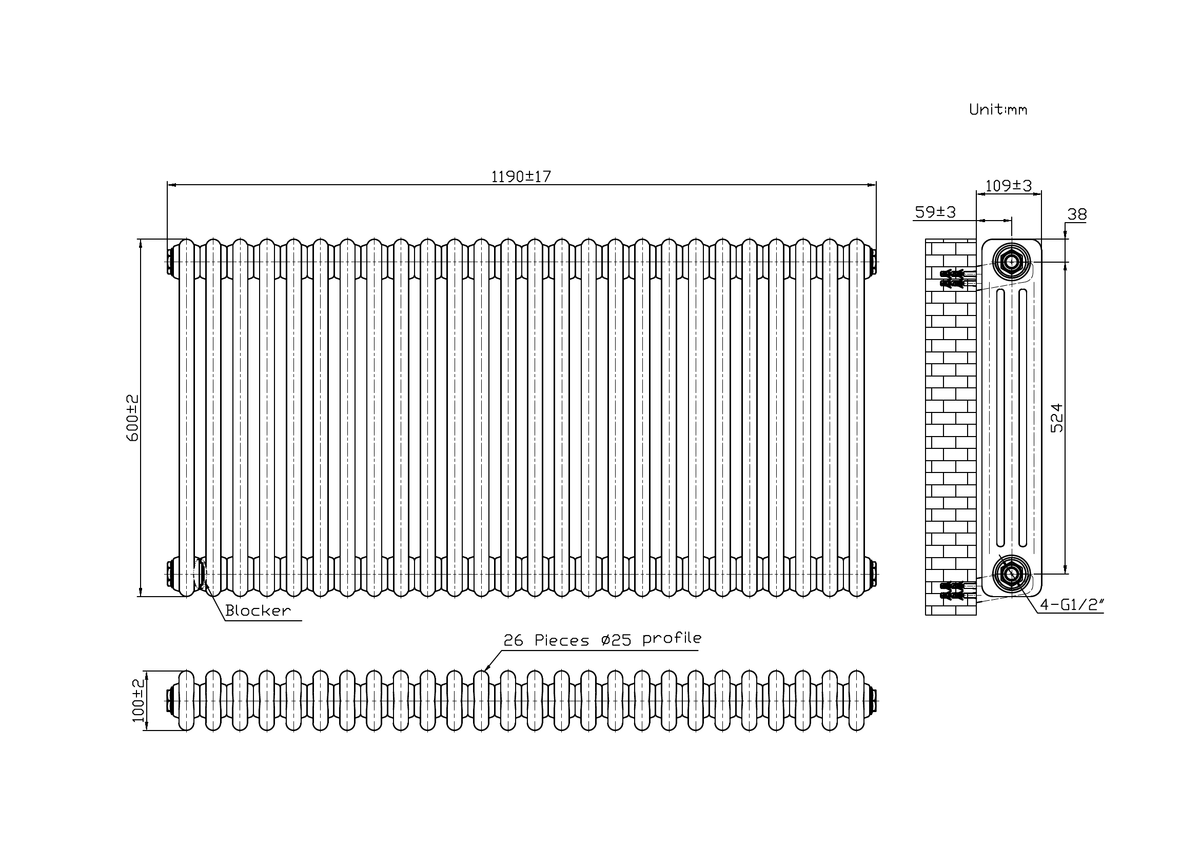 Scudo 3 Column Horizontal Anthracite Designer Radiator - technical drawing with dimensions
