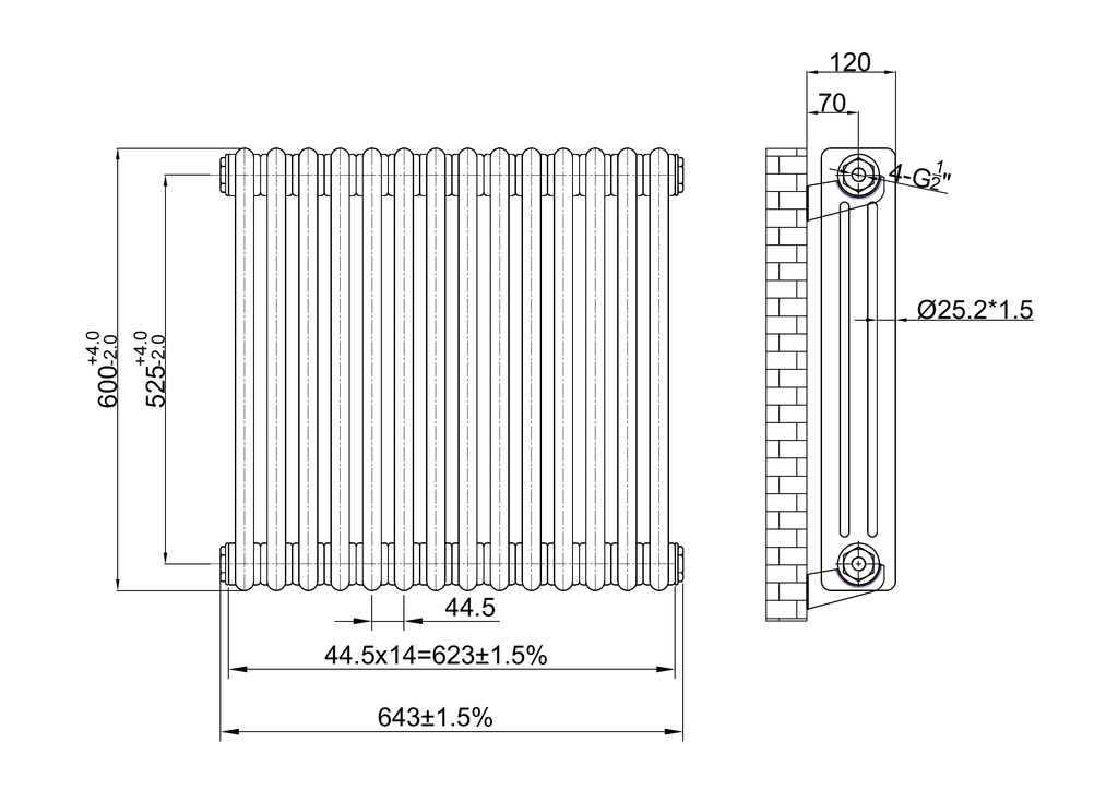 Scudo 3 Column Horizontal Raw Metal Designer Radiator - technical drawing with dimensions