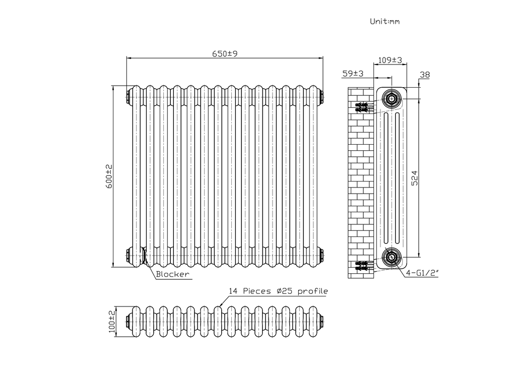 Scudo 3 Column Horizontal Anthracite Designer Radiator - technical drawing with dimensions