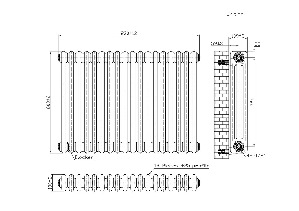 Scudo 3 Column Horizontal Anthracite Designer Radiator - technical drawing with dimensions