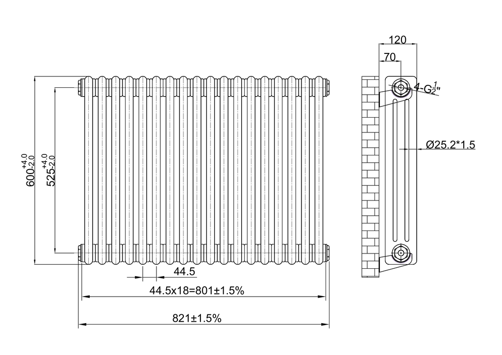 Scudo 3 Column Horizontal Raw Metal Designer Radiator - technical drawing with dimensions