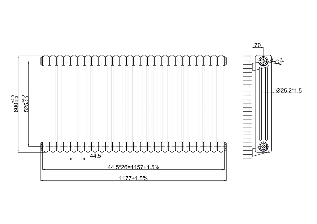 Scudo 3 Column Horizontal Raw Metal Designer Radiator - technical drawing with dimensions