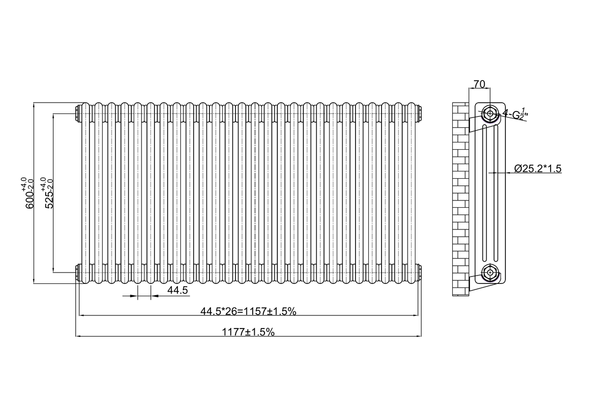 Scudo 3 Column Horizontal Raw Metal Designer Radiator - technical drawing with dimensions