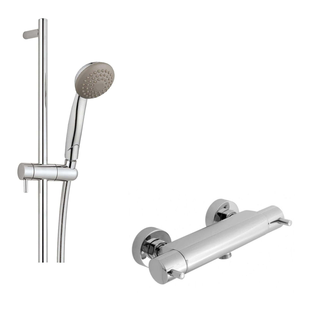 Polished chrome bathroom shower set with handheld shower head and wall-mounted mixer tap for modern bathroom installation.