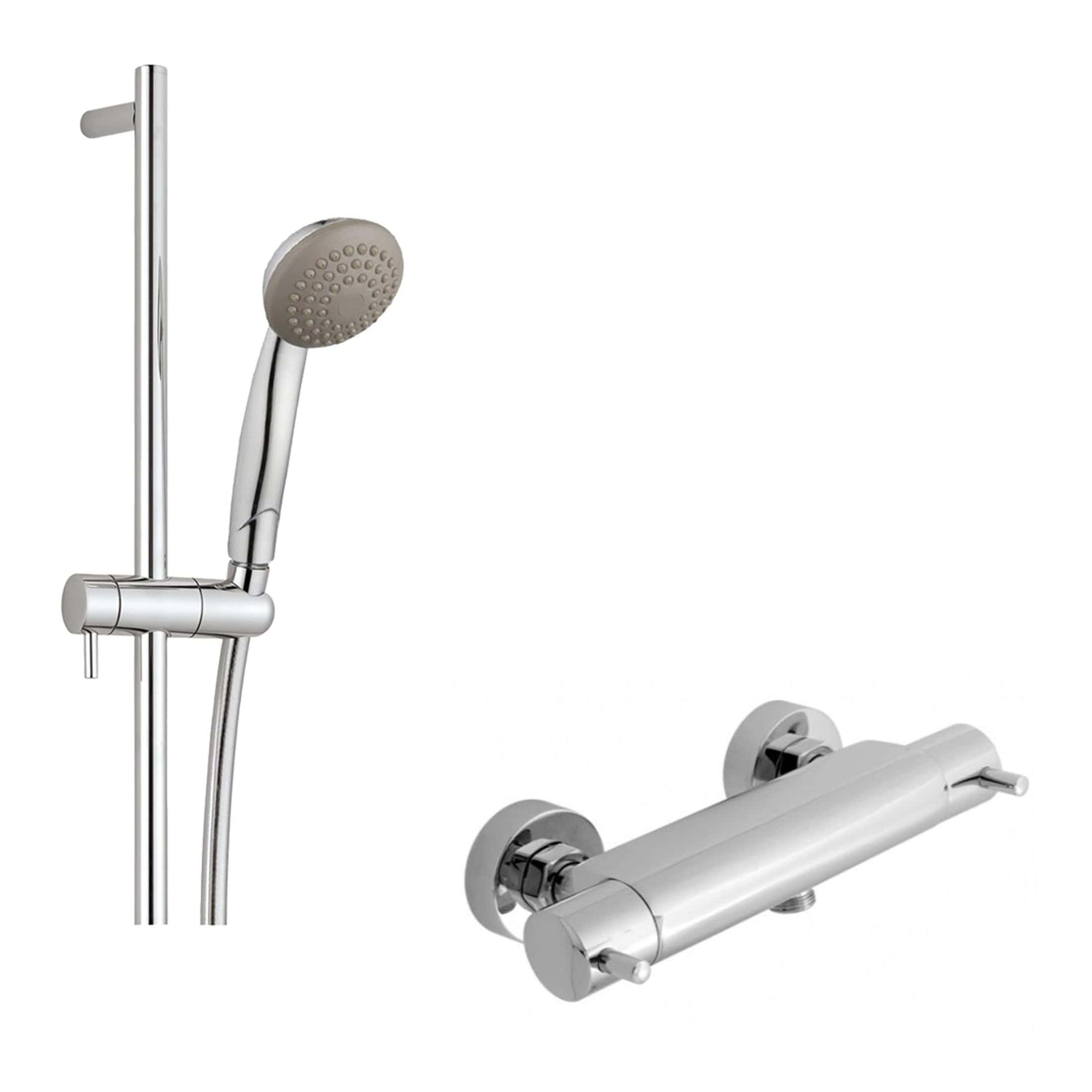 Polished chrome bathroom shower set with handheld shower head and wall-mounted mixer tap for modern bathroom installation.