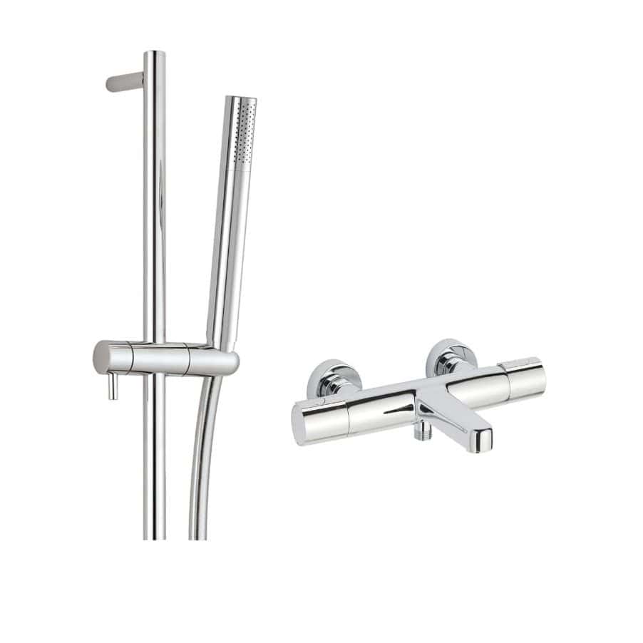 Polished chrome bathroom shower mixer tap with handheld shower head and wall mount bracket, modern bathroom fixtures, Bubly Bathrooms.