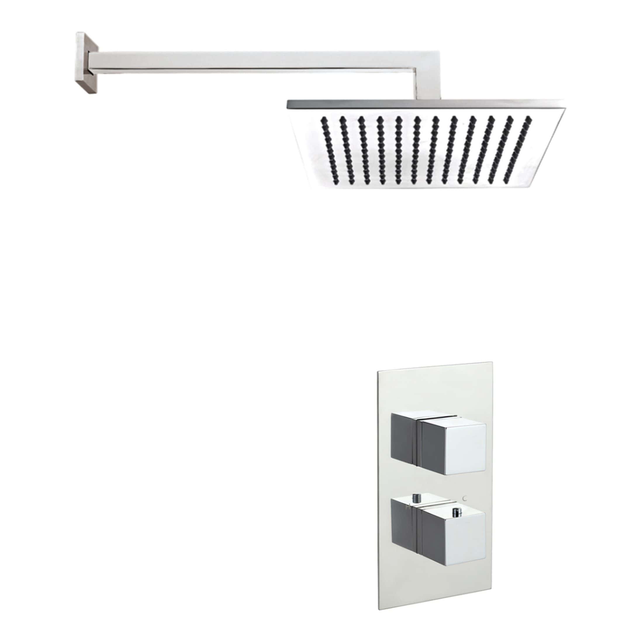 Shower head and control panel for luxurious bathroom renovation. Modern chrome shower system with an overhead rainfall shower and dual control switches for temperature and flow.
