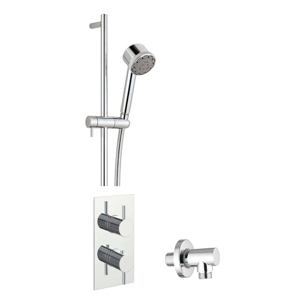 Sleek modern chrome shower fixture set with handheld shower, thermostatic controls, and wall-mounted accessories for luxurious Bubly bathroom renovations.