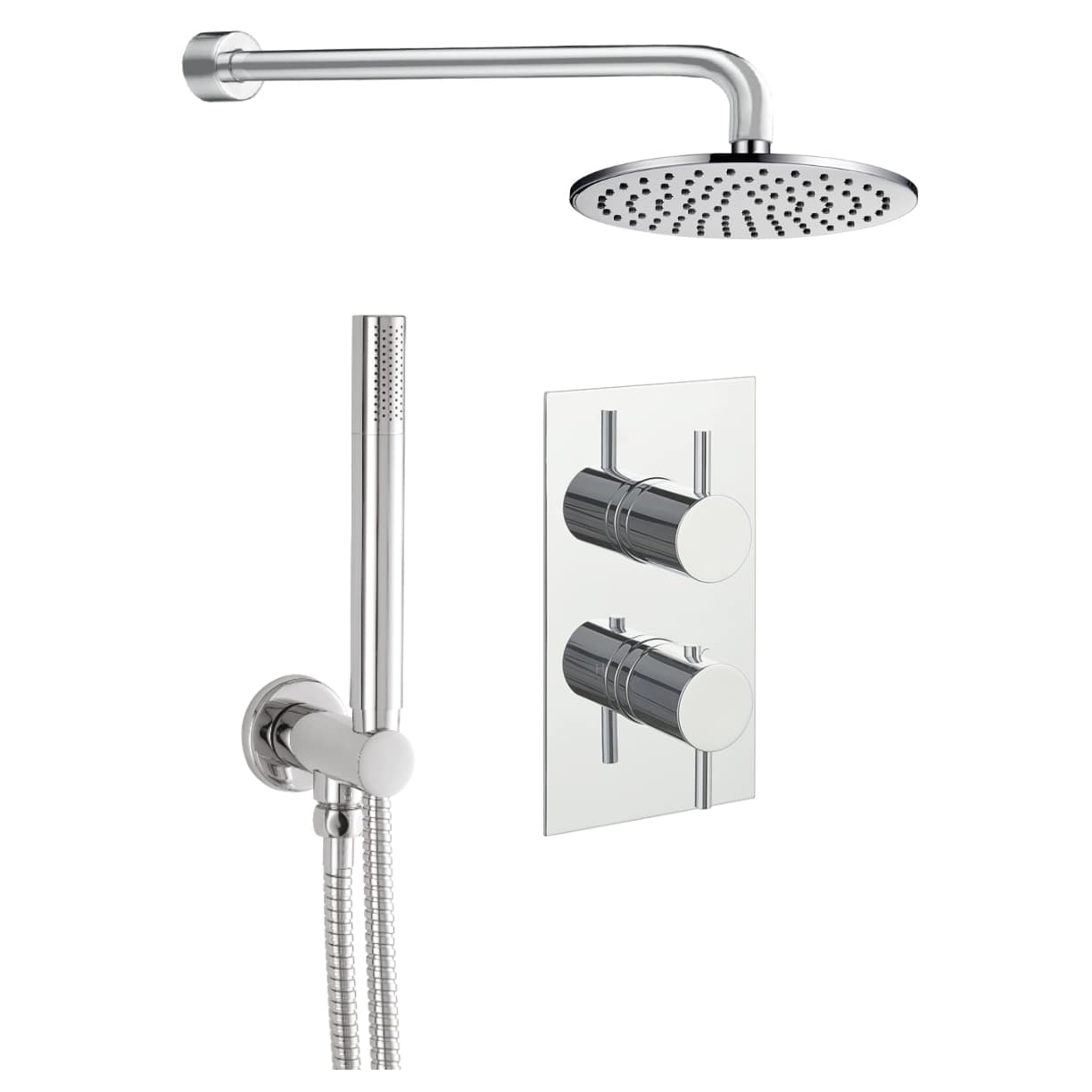 Sleek chrome shower system with overhead rain shower, handheld showerhead, and dual control valves for modern bathroom decor. Perfect for stylish Bubly bathrooms.