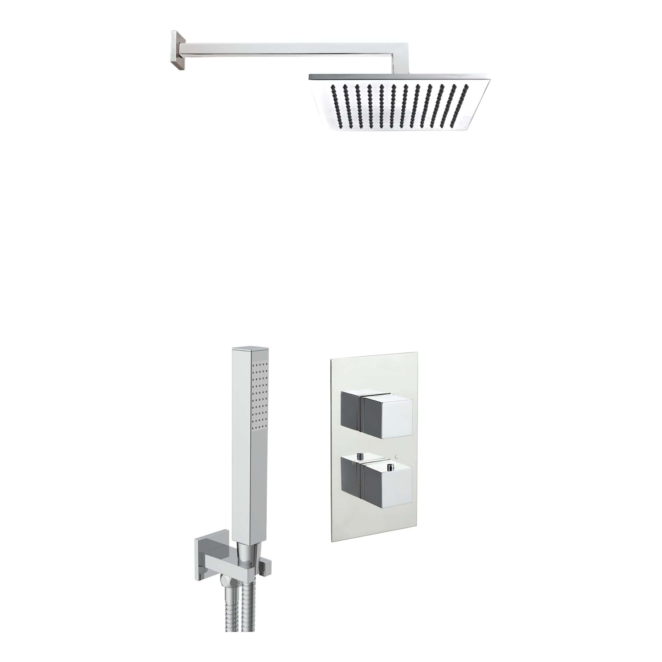 Contemporary shower system with rainfall showerhead, handheld shower, and wall-mounted controls, perfect for modern bathroom designs.