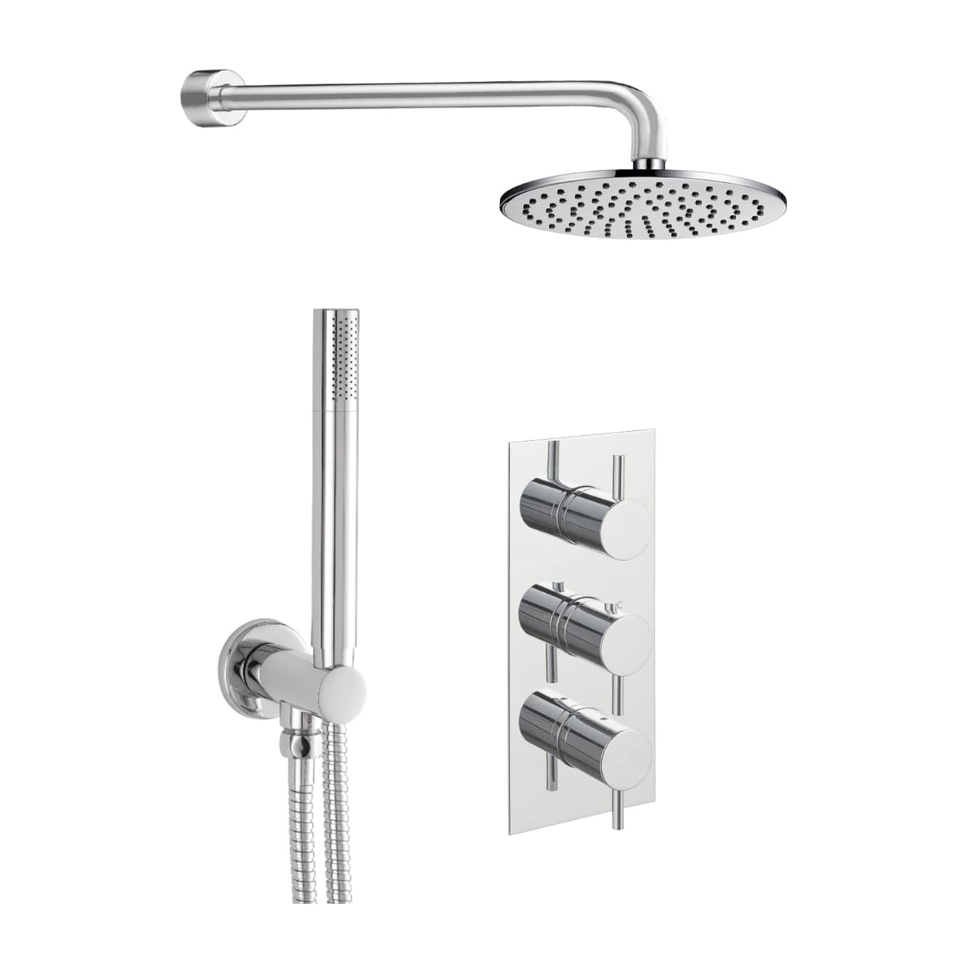 Shower system with overhead rainfall showerhead, handheld shower, and modern thermostatic control, designed for luxury bathroom upgrades.