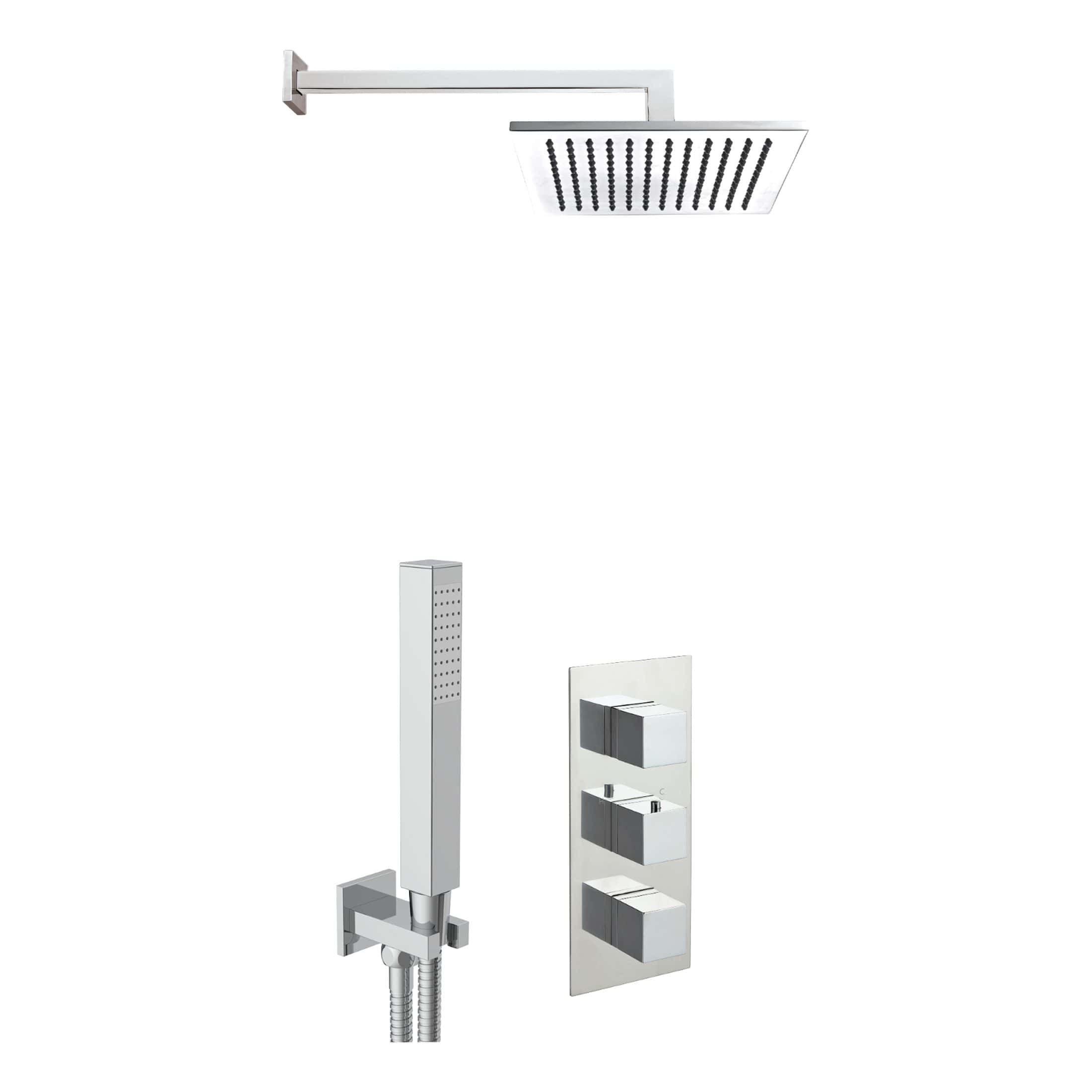 Bathroom shower rain head and handheld shower system with wall-mounted controls for modern bathroom design.