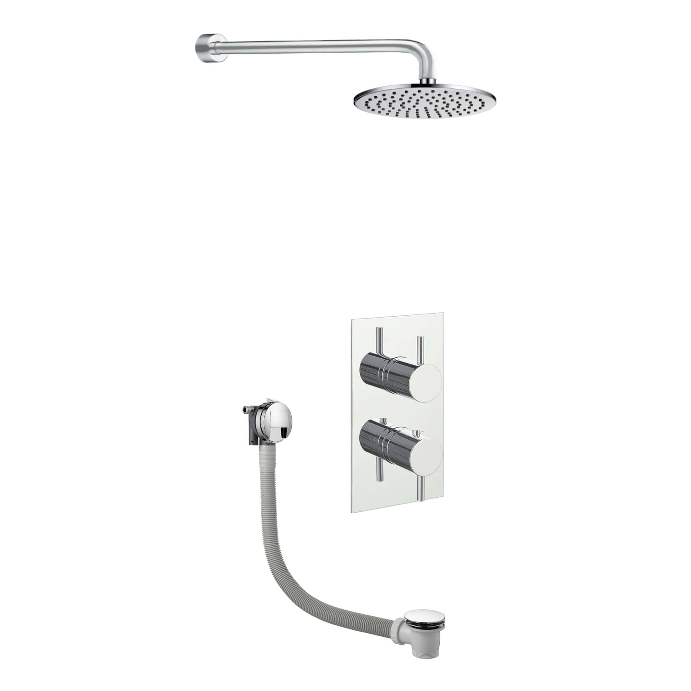 Sleek chrome showerhead and thermostatic mixer valve set with flexible hose, perfect for modern bathroom renovations and shower upgrades. Durable, stylish design for a luxurious shower experience.