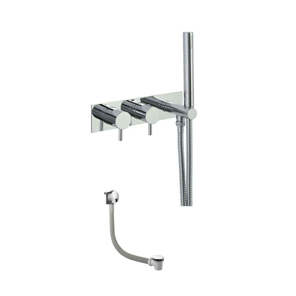 Sleek chrome bathroom shower mixer with handheld shower head and flexible hose, ideal for modern bathroom upgrades and easy water control.