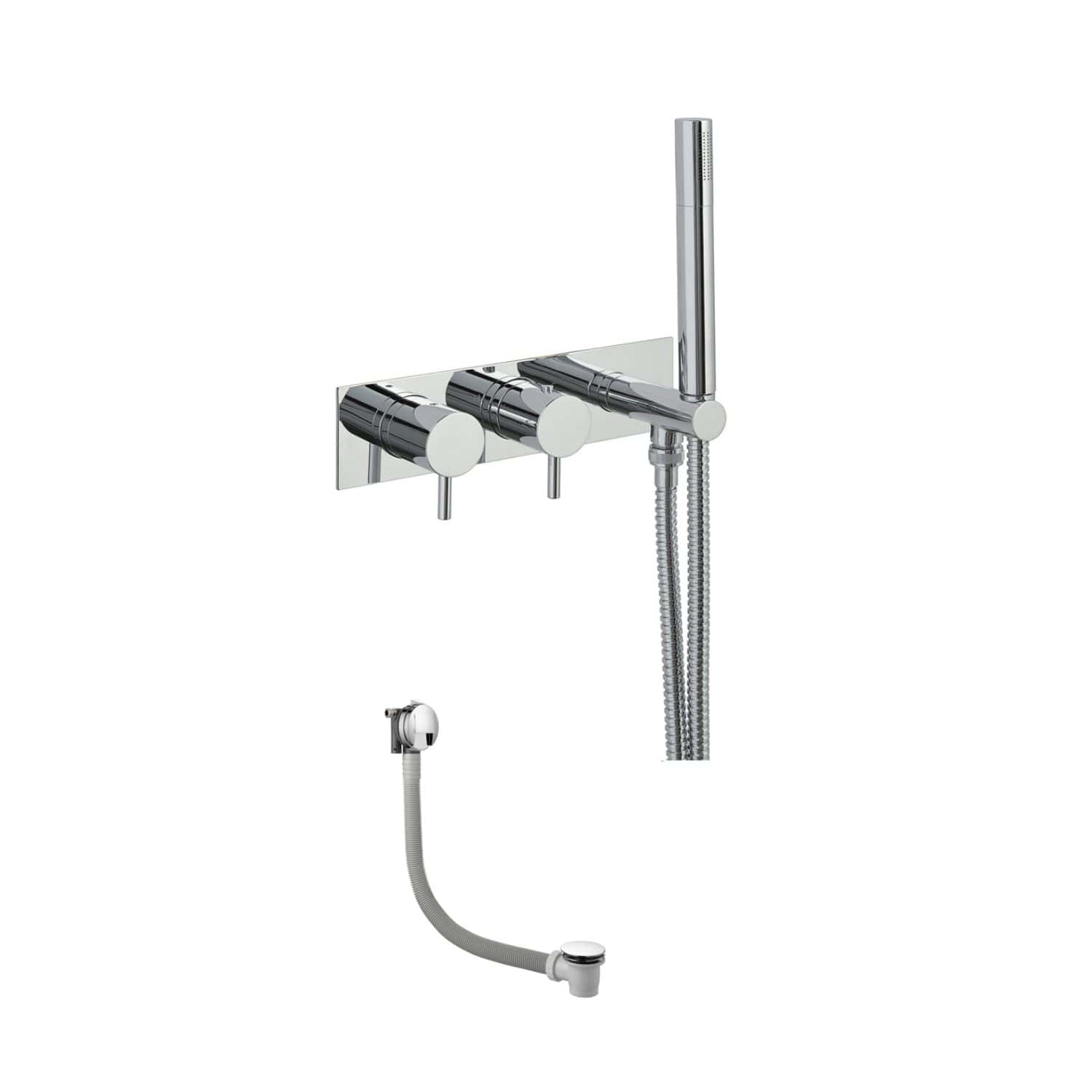 Sleek chrome bathroom shower mixer with handheld shower head and flexible hose, ideal for modern bathroom upgrades and easy water control.