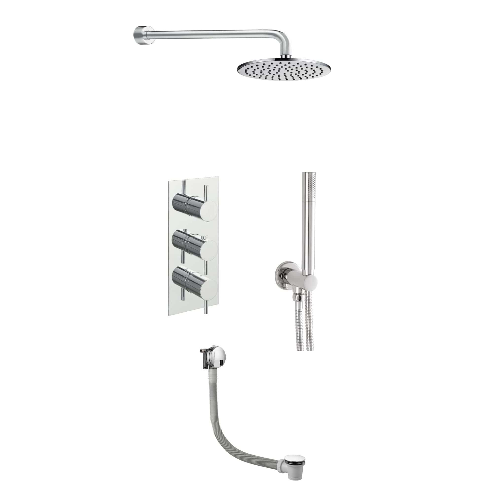 Polished chrome shower system with overhead rain shower, three control knobs, and handheld shower head, perfect for modern bathroom renovations and customisable shower experiences.